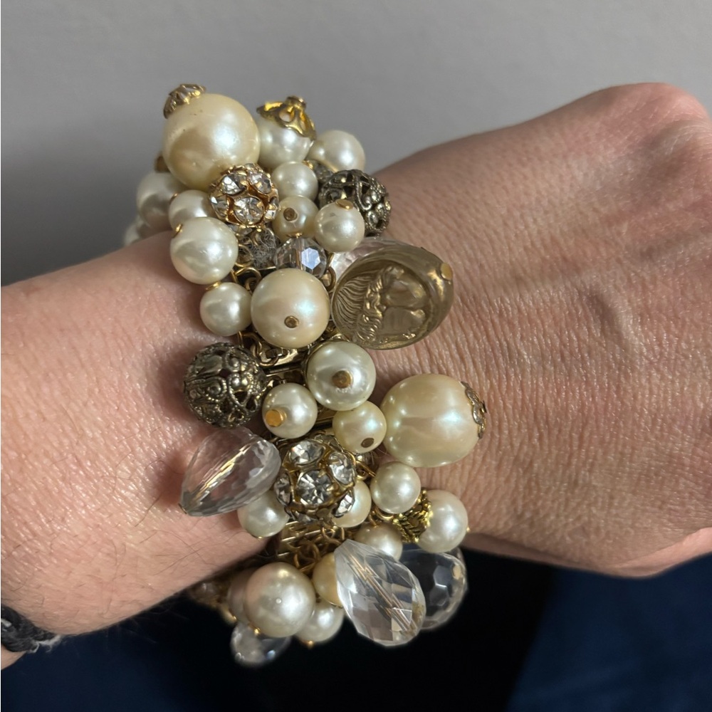 VTG Expansion CHA CHA Bracelet White Faux Pearl Crystal Filigree Dangle Beads